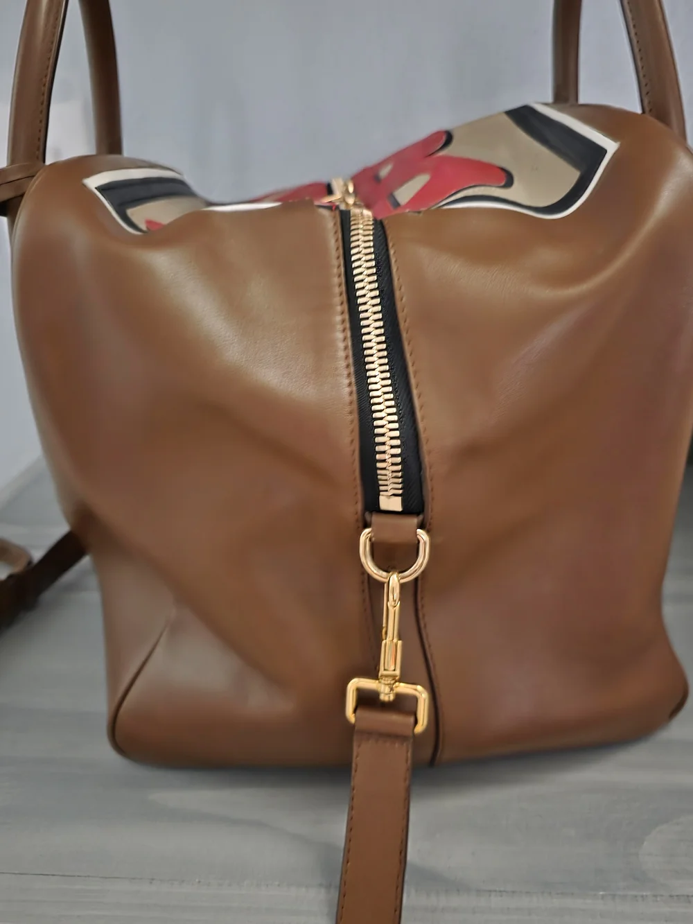 BURBERRY Designer Brown Leather Tote with Red Accent Front Panel